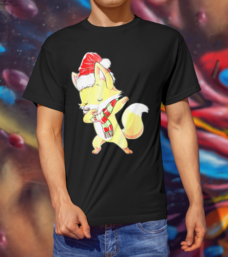 Christmas Fox Dabbing In Santa Hat And Scarf T-Shirt