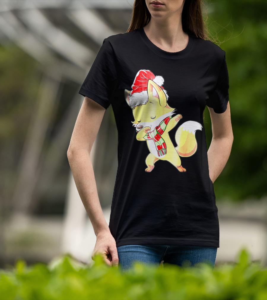 Christmas Fox Dabbing In Santa Hat And Scarf T-Shirt