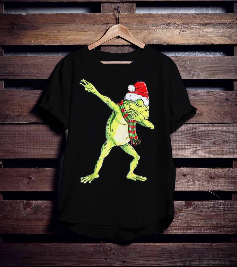 Dabbing Frog With Santa Hat And Scarf Christmas T-Shirt