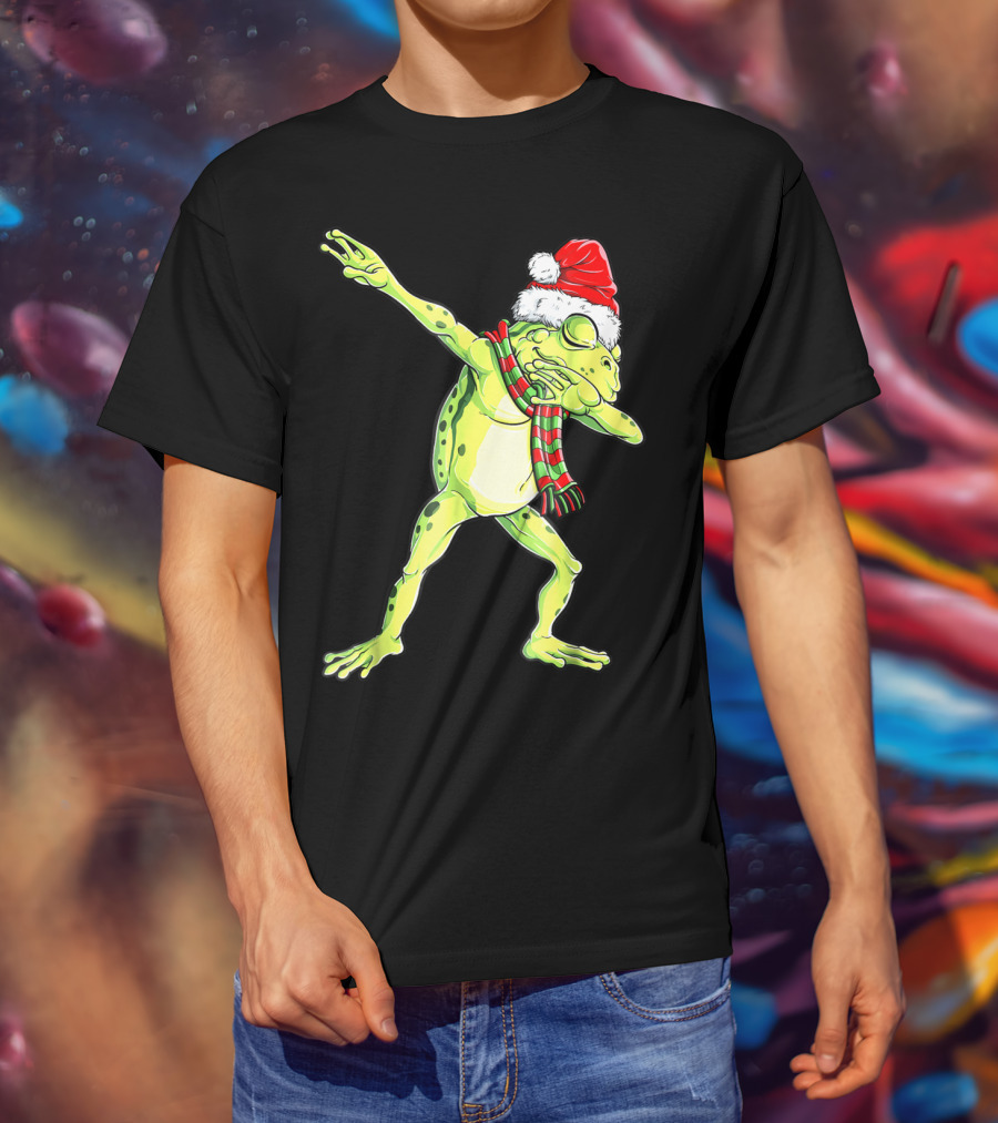 Dabbing Frog With Santa Hat And Scarf Christmas T-Shirt