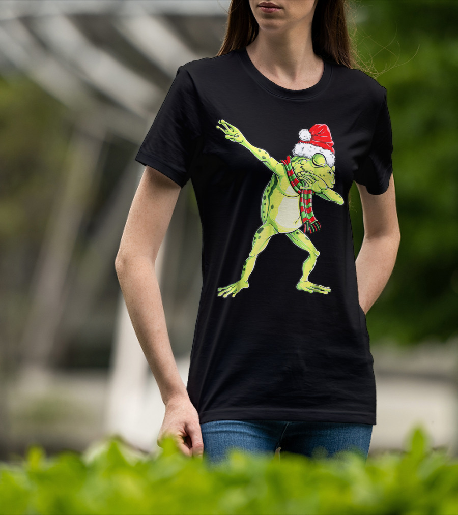 Dabbing Frog With Santa Hat And Scarf Christmas T-Shirt