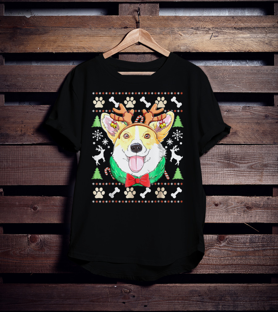 Corgi Christmas Reindeer Antlers Dog Ugly Sweater Xmas Girls T-Shirt