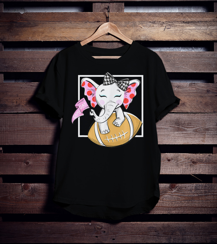 Game Day Elephant With Pink Flag And Houndstooth Bow On Football For Women And Girls Football T-Shirt