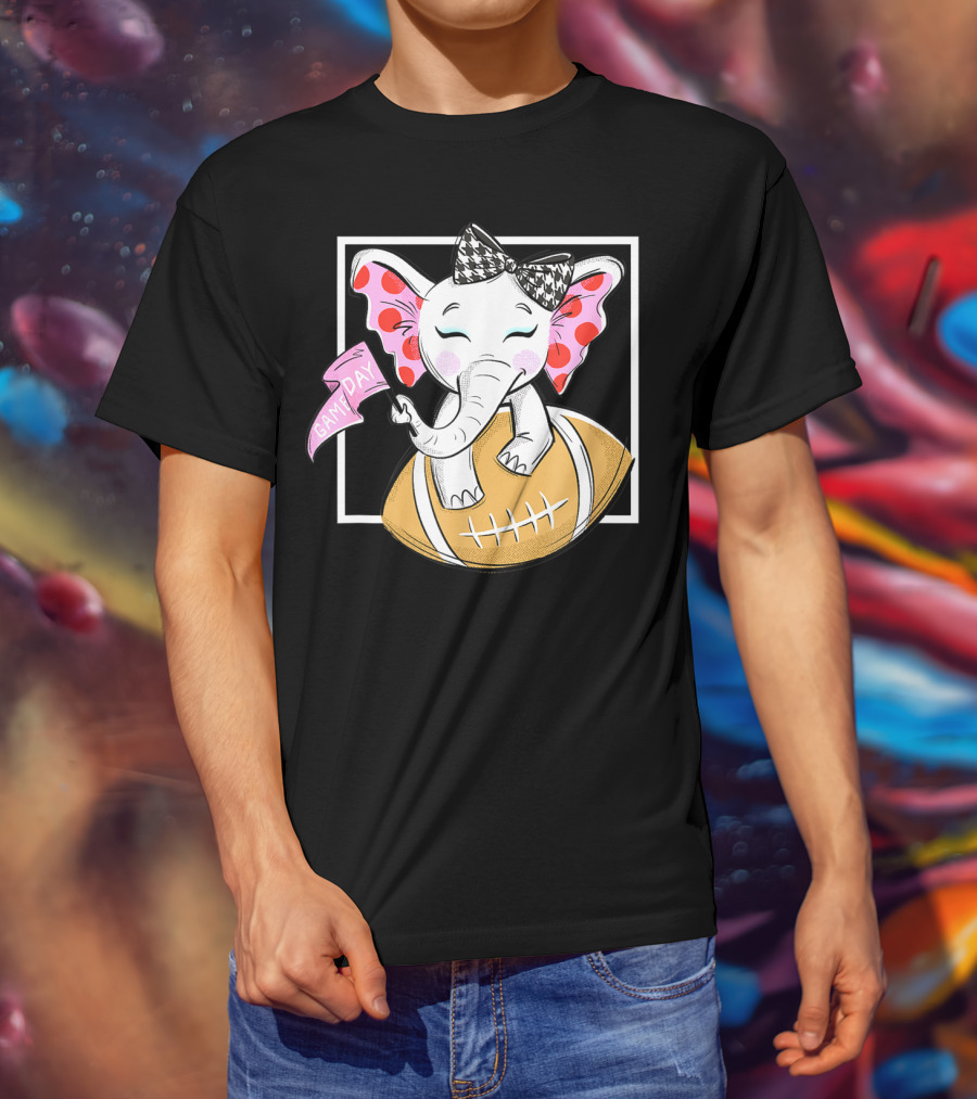 Game Day Elephant With Pink Flag And Houndstooth Bow On Football For Women And Girls Football T-Shirt