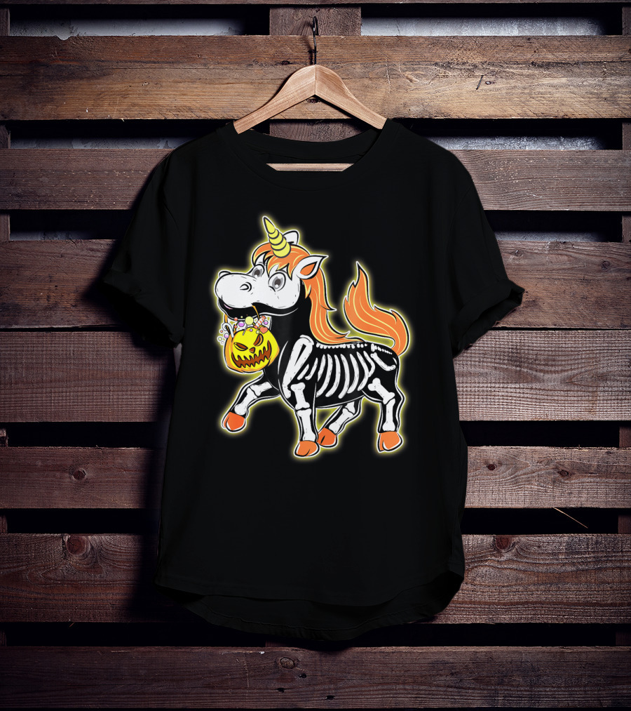 Skeleton Unicorn With Pumpkin Basket T-Shirt