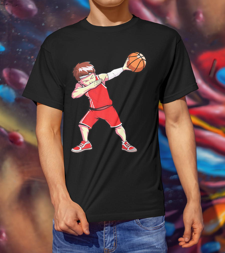 Dabbing Basketball Boy Dab Dance Player In Red Uniform Holding Ball T-Shirt