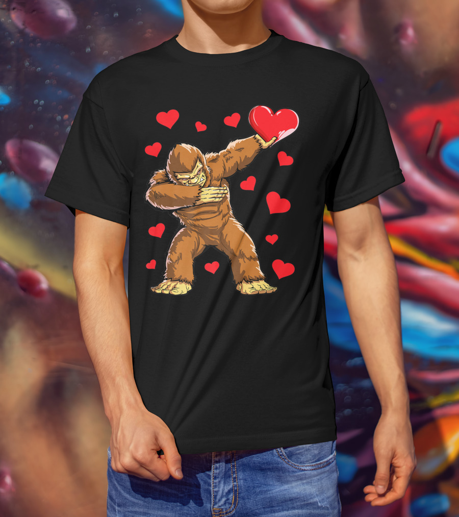 Dabbing Bigfoot With Heart Valentine's Day Boys Men Love T-Shirt