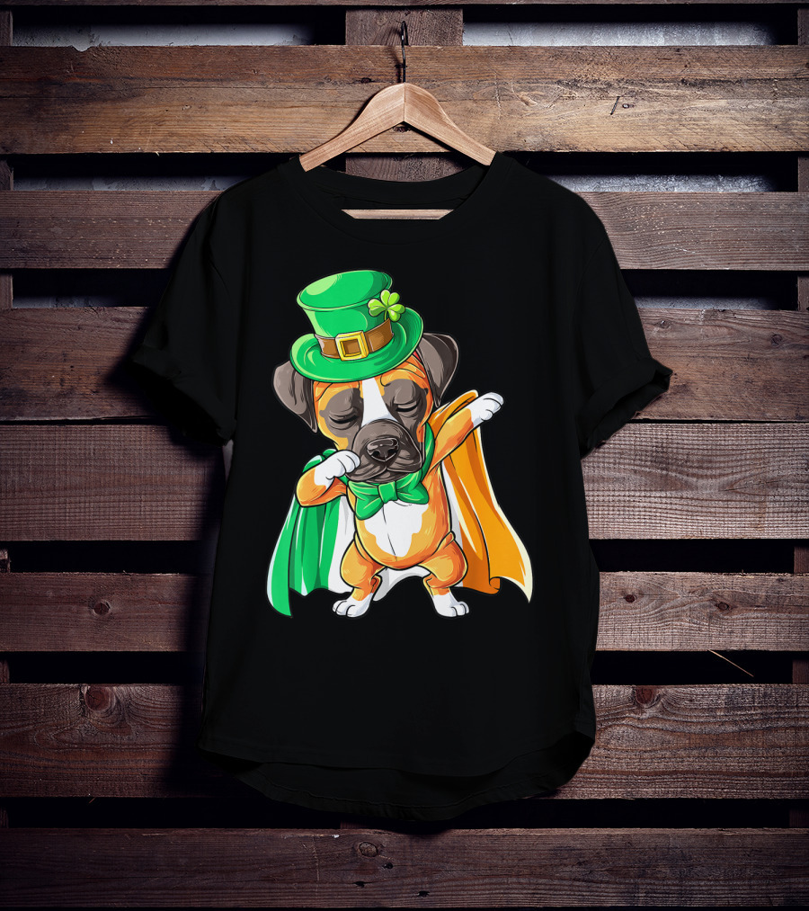 Dabbing Boxer Puppy St Patricks Day Leprechaun Costume Irish Flag T-Shirt