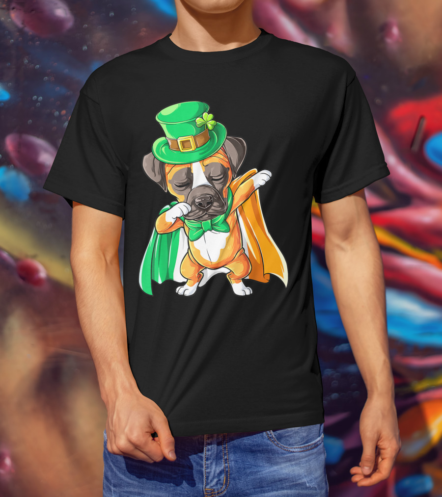 Dabbing Boxer Puppy St Patricks Day Leprechaun Costume Irish Flag T-Shirt