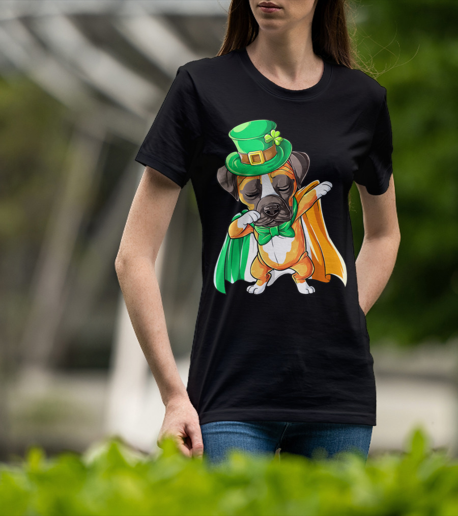 Dabbing Boxer Puppy St Patricks Day Leprechaun Costume Irish Flag T-Shirt