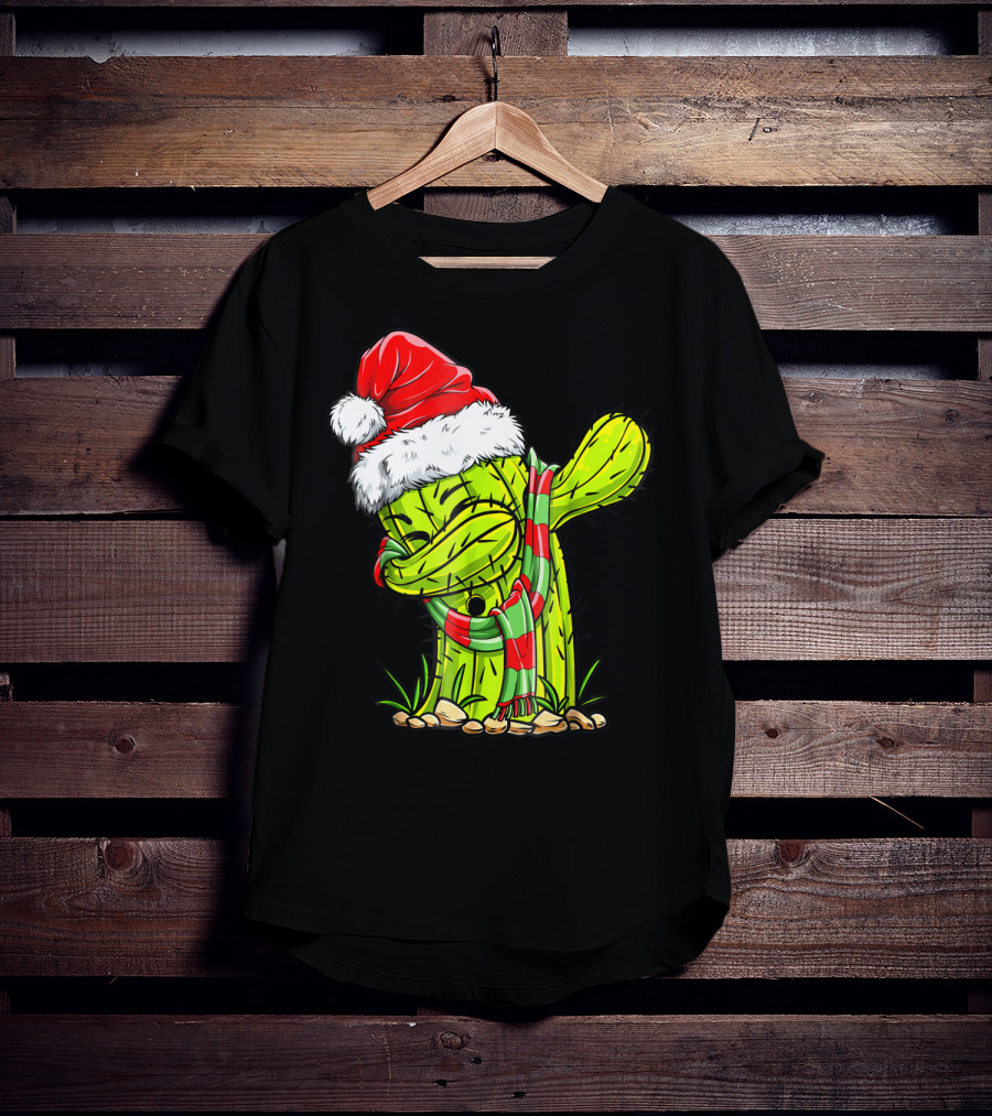 Dabbing Cactus Santa Christmas Hat And Scarf T-Shirt