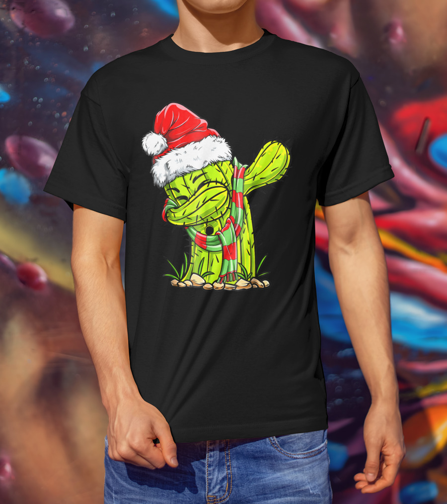 Dabbing Cactus Santa Christmas Hat And Scarf T-Shirt
