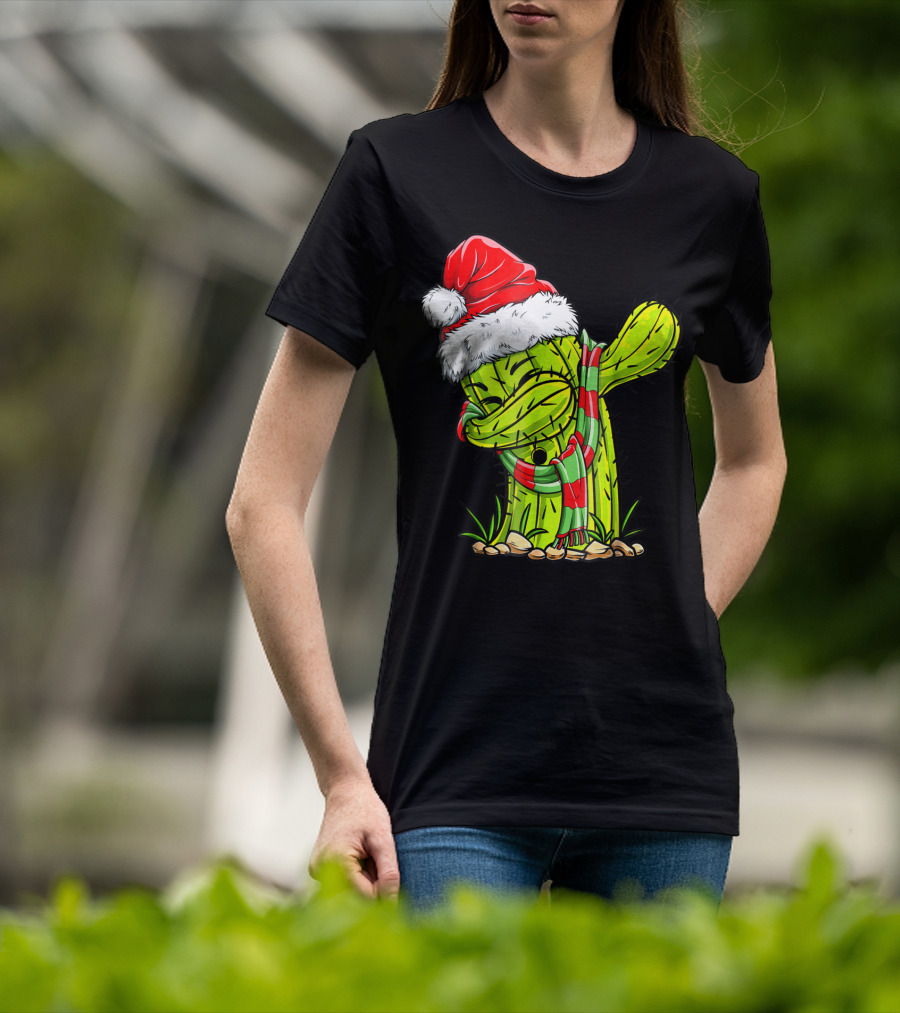 Dabbing Cactus Santa Christmas Hat And Scarf T-Shirt