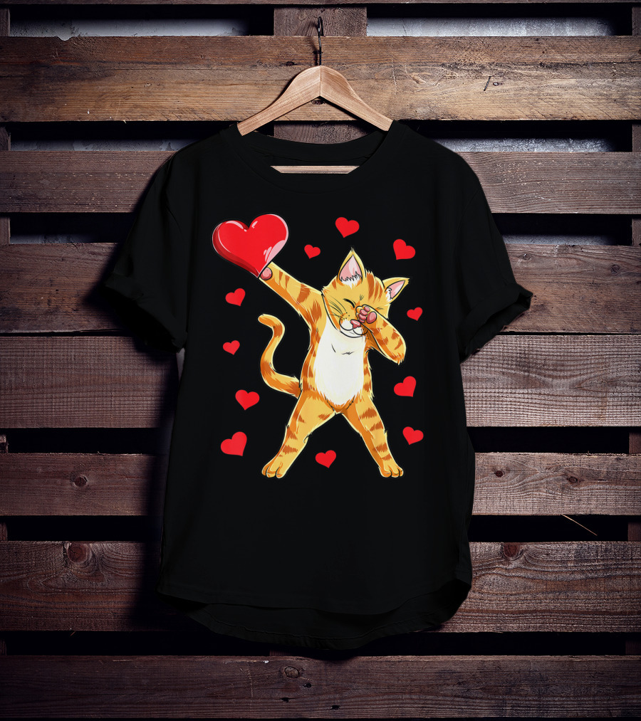 Cute Dabbing Cat With Hearts For Valentine's Day Kitten Lovers T-Shirt