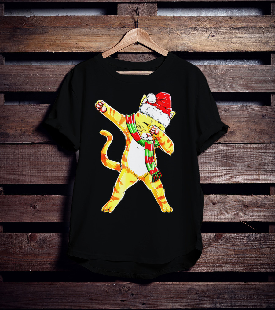 Dabbing Cat Santa With Festive Hat And Scarf T-Shirt