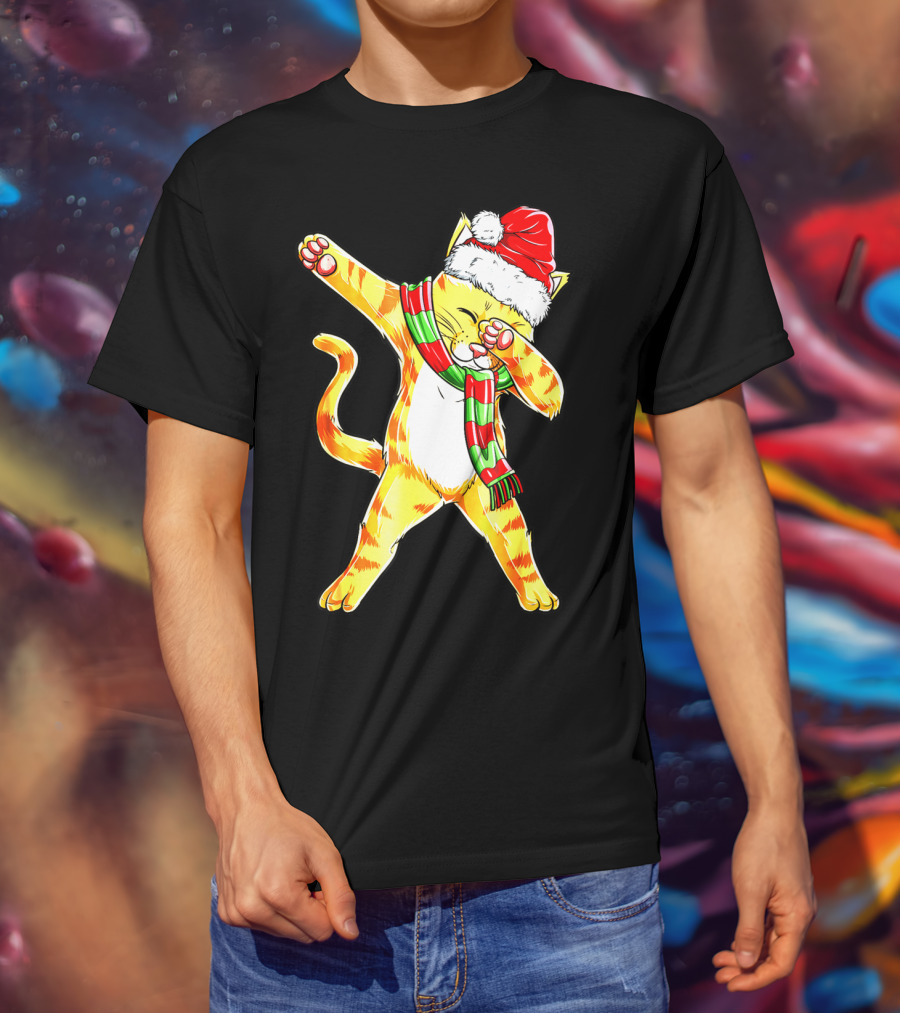 Dabbing Cat Santa With Festive Hat And Scarf T-Shirt