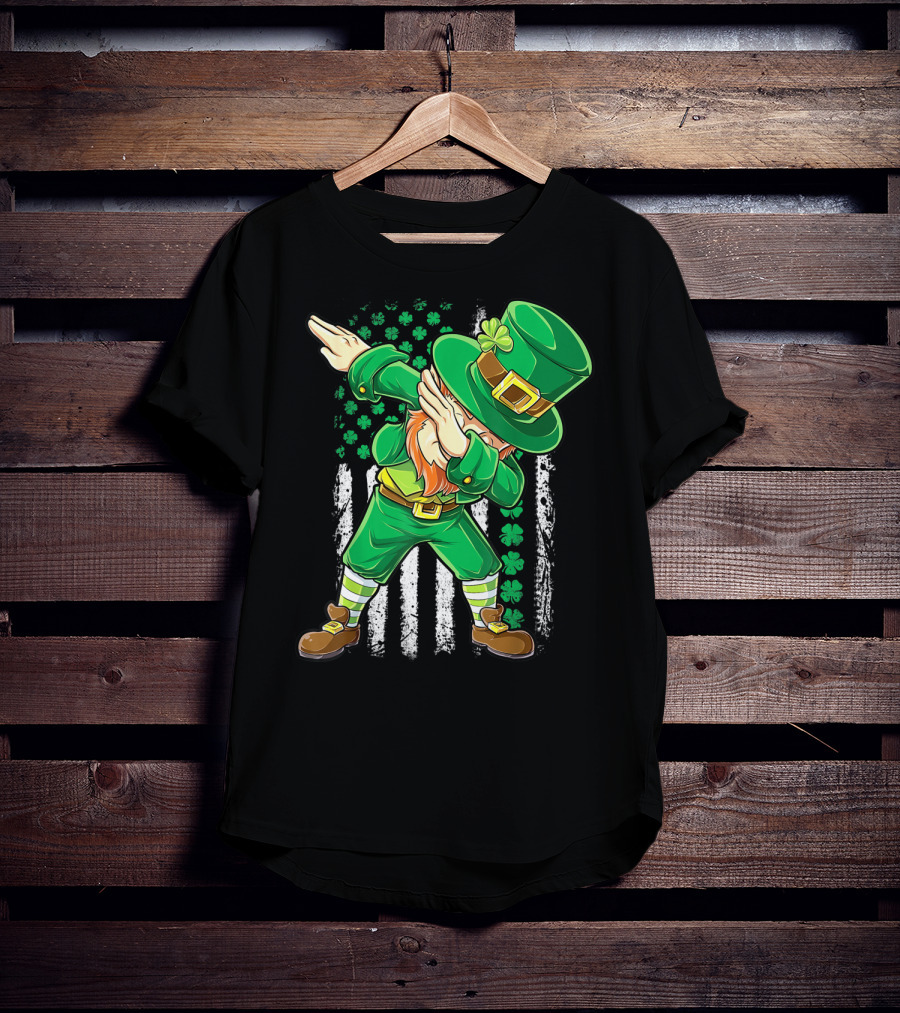 Dabbing Leprechaun With Irish American Flag Background And Shamrocks T-Shirt