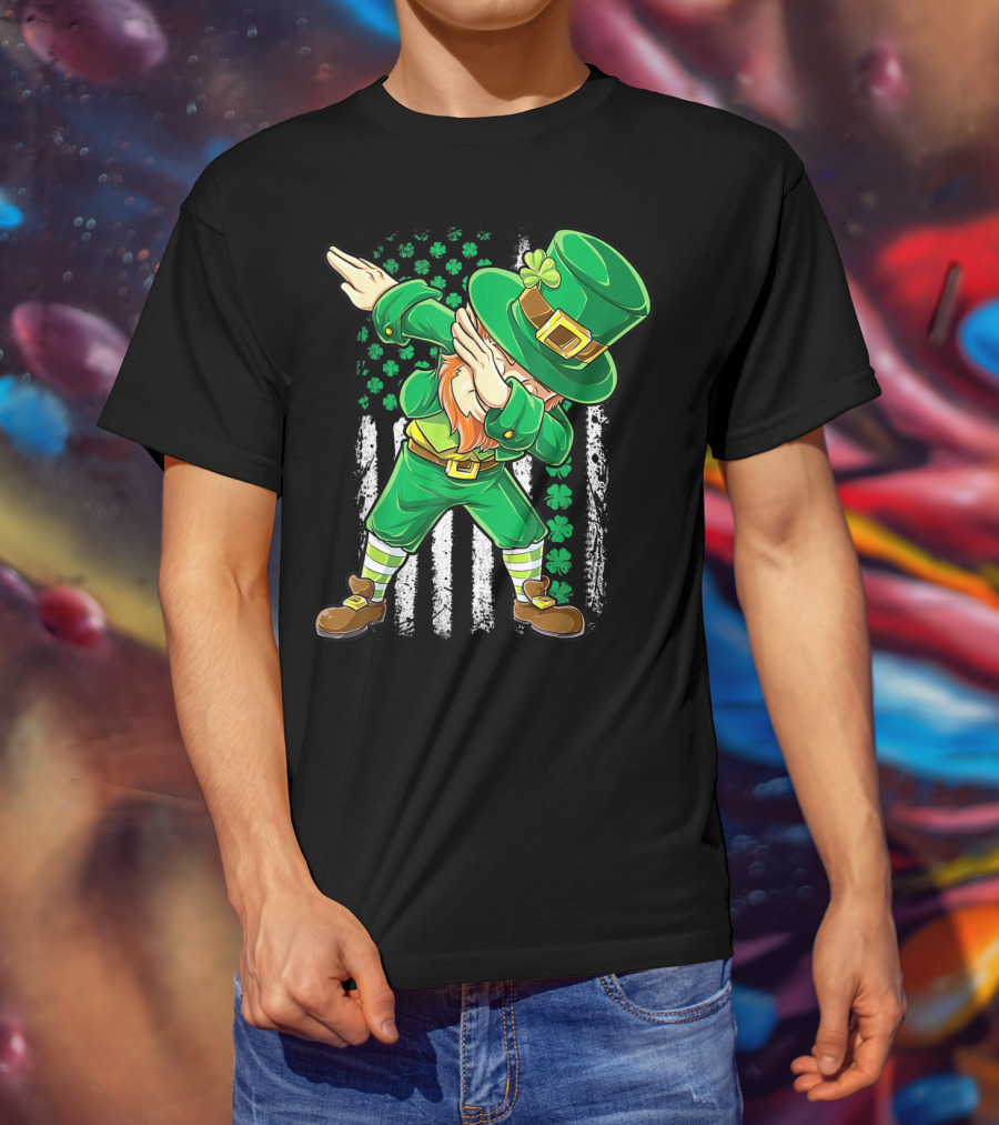 Dabbing Leprechaun With Irish American Flag Background And Shamrocks T-Shirt