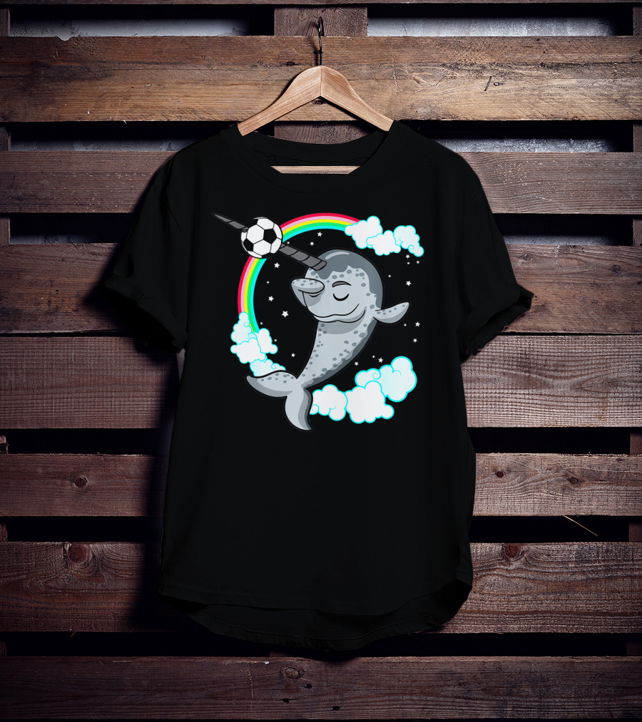 Dabbing Narwhal Soccer Rainbow Clouds Stars T-Shirt