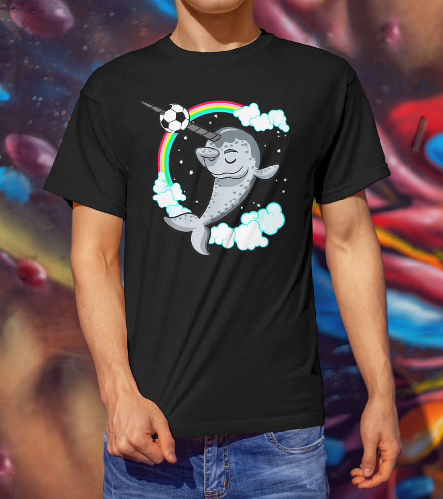 Dabbing Narwhal Soccer Rainbow Clouds Stars T-Shirt