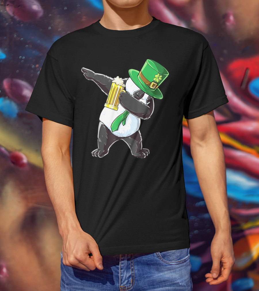 Dabbing Panda With Green Leprechaun Hat And Beer T-Shirt