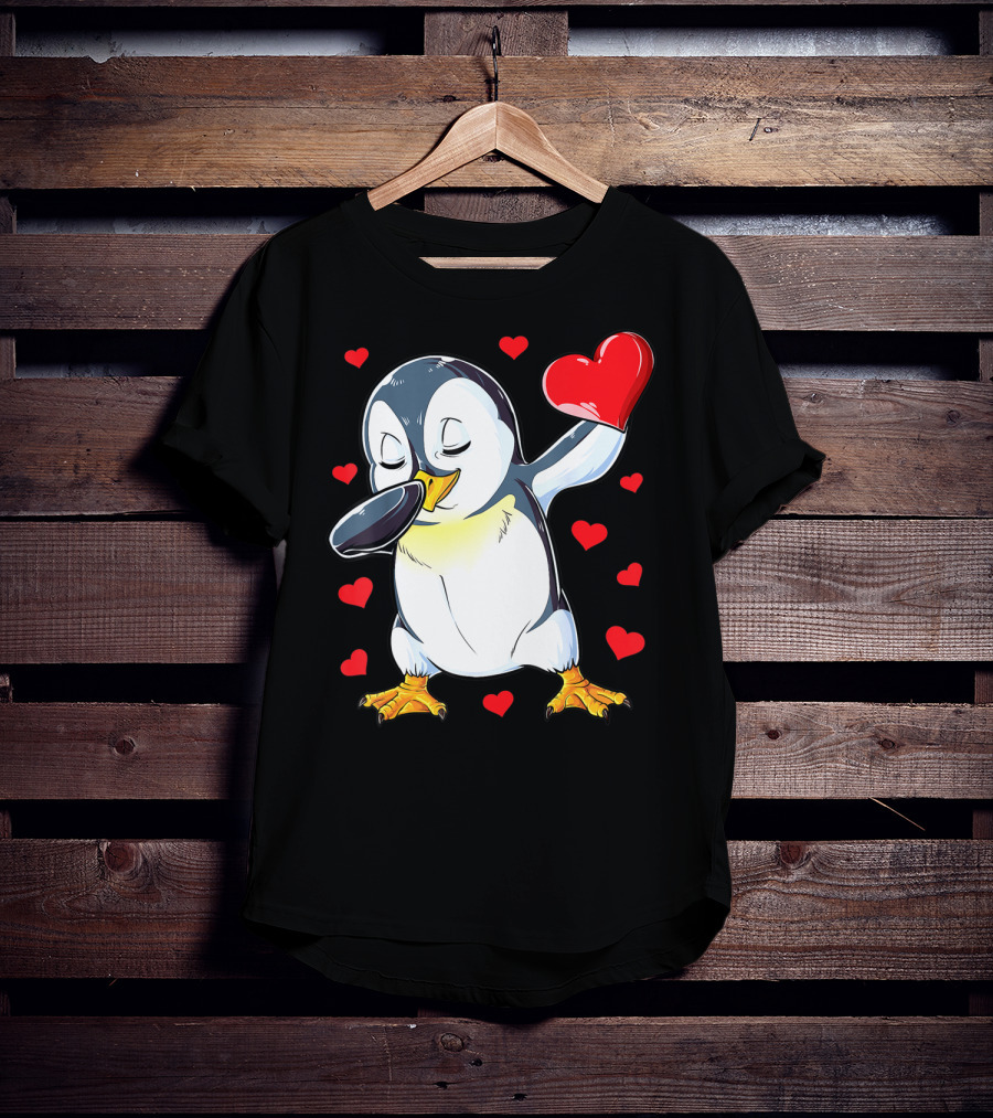 Dabbing Penguin Holding Heart Surrounded By Valentine Hearts T-Shirt