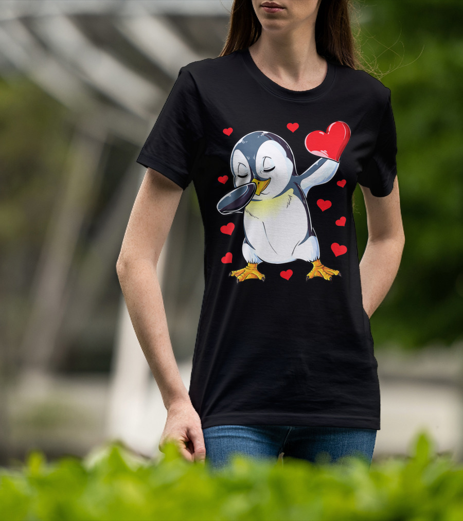Dabbing Penguin Holding Heart Surrounded By Valentine Hearts T-Shirt
