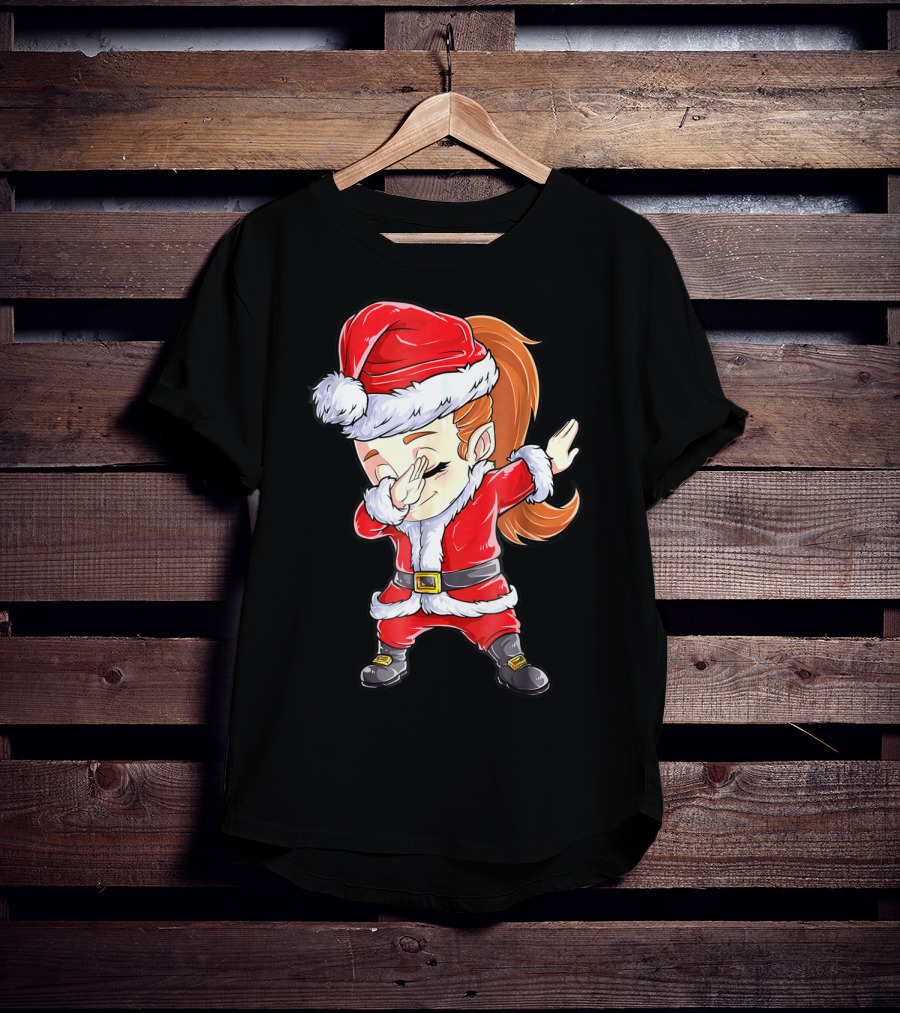 Dabbing Santa Christmas Girls Red Suit White Fur Black Boots T-Shirt