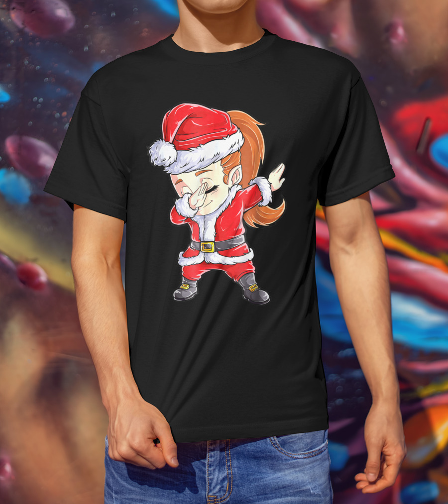 Dabbing Santa Christmas Girls Red Suit White Fur Black Boots T-Shirt