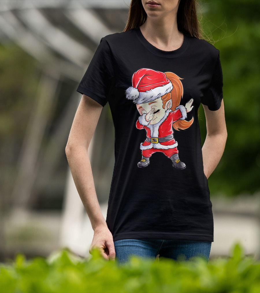 Dabbing Santa Christmas Girls Red Suit White Fur Black Boots T-Shirt