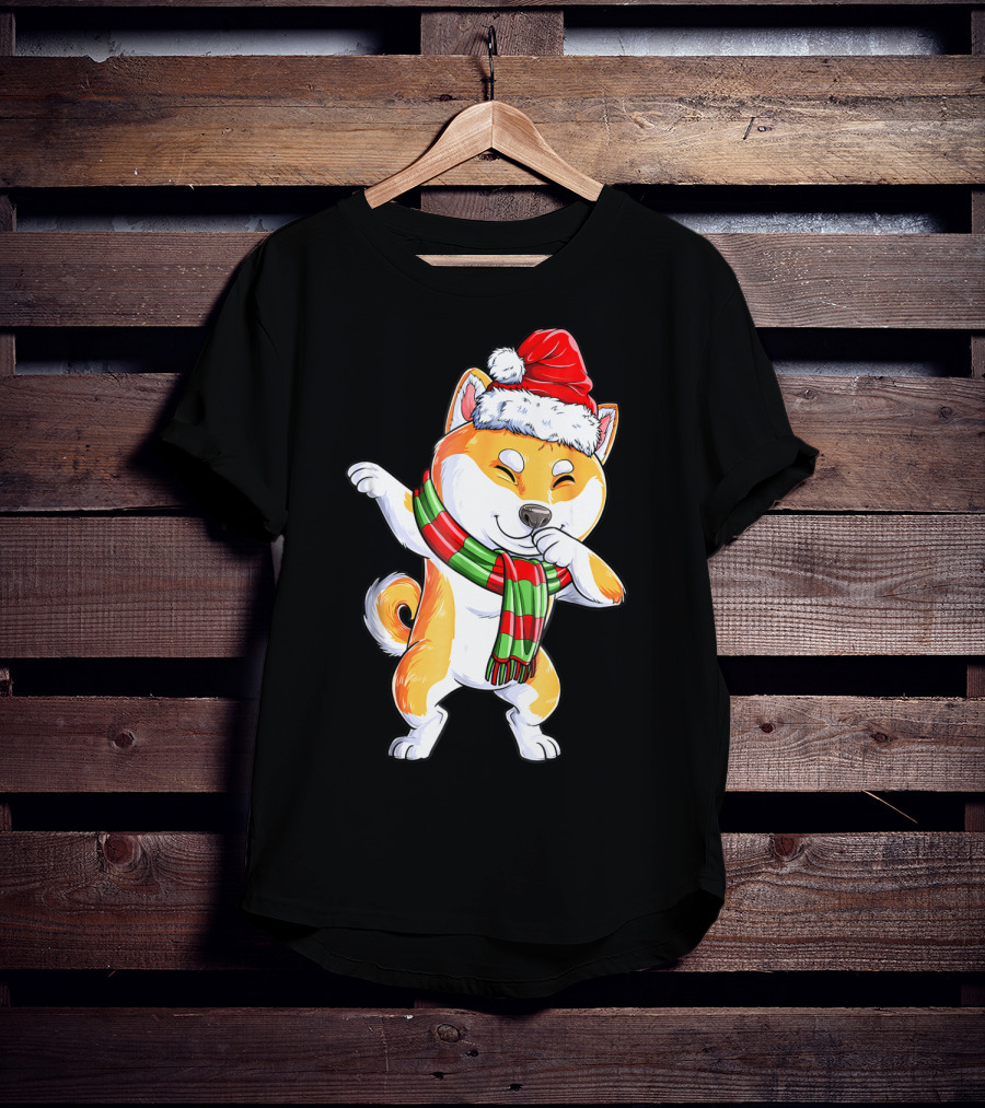 Dabbing Shiba Inu Santa Christmas Scarf Dance T-Shirt