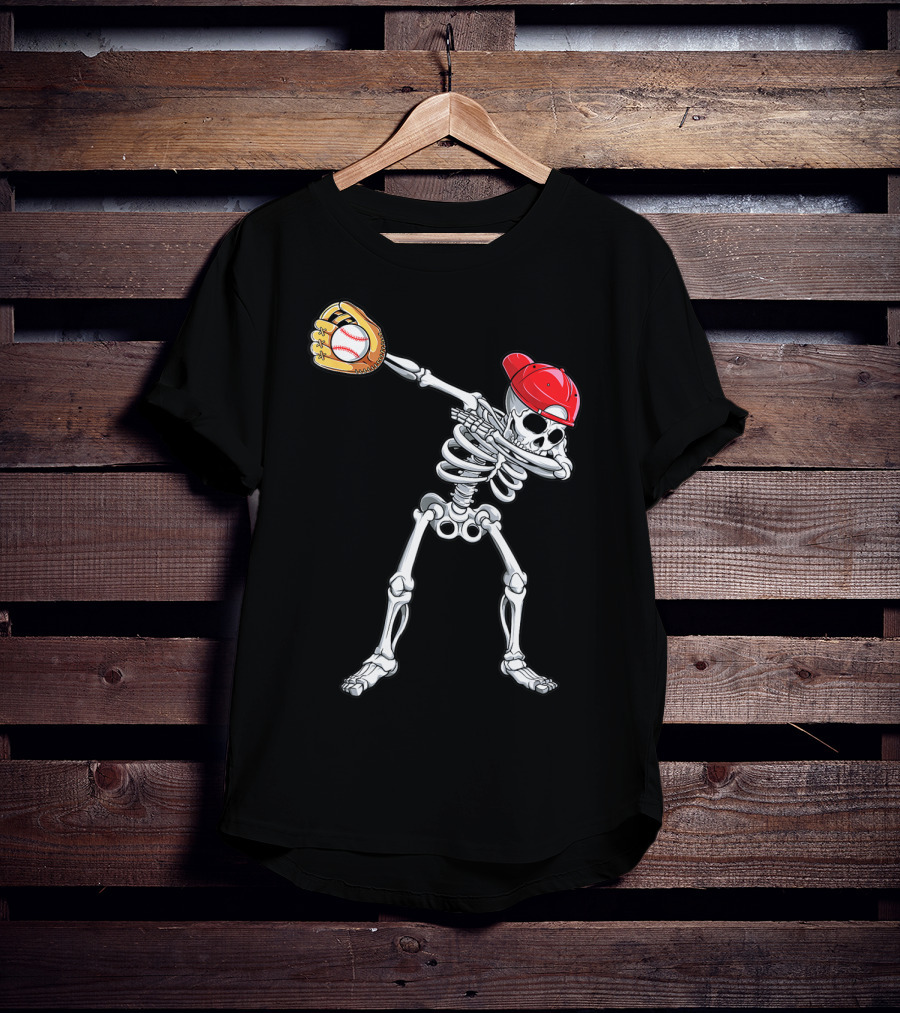 Dabbing Skeleton Baseball Halloween Boys Red Hat T-Shirt