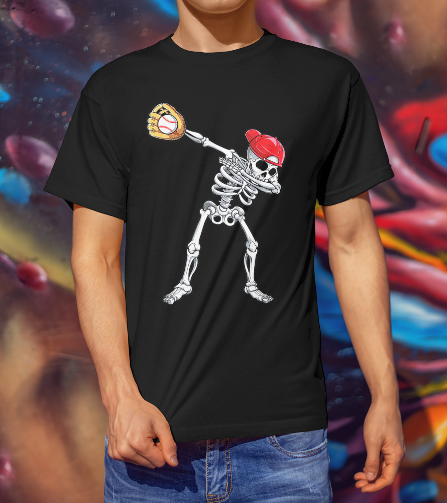 Dabbing Skeleton Baseball Halloween Boys Red Hat T-Shirt