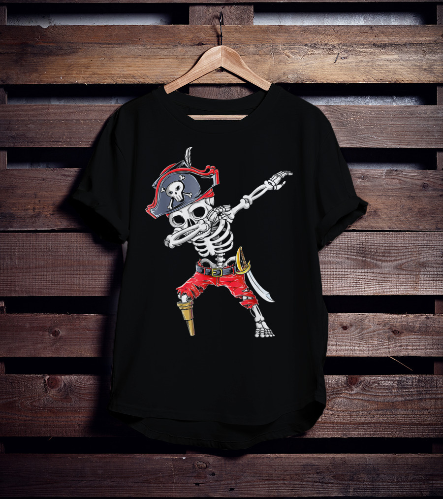 Dabbing Skeleton Pirate Kids Halloween Jolly Roger T-Shirt