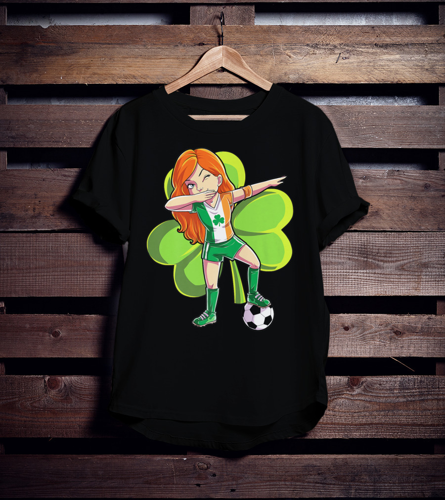 Dabbing Soccer Girl St Patricks Day Irish Shamrock T-Shirt