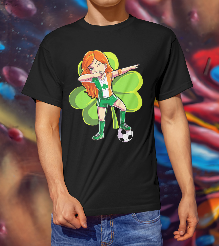 Dabbing Soccer Girl St Patricks Day Irish Shamrock T-Shirt