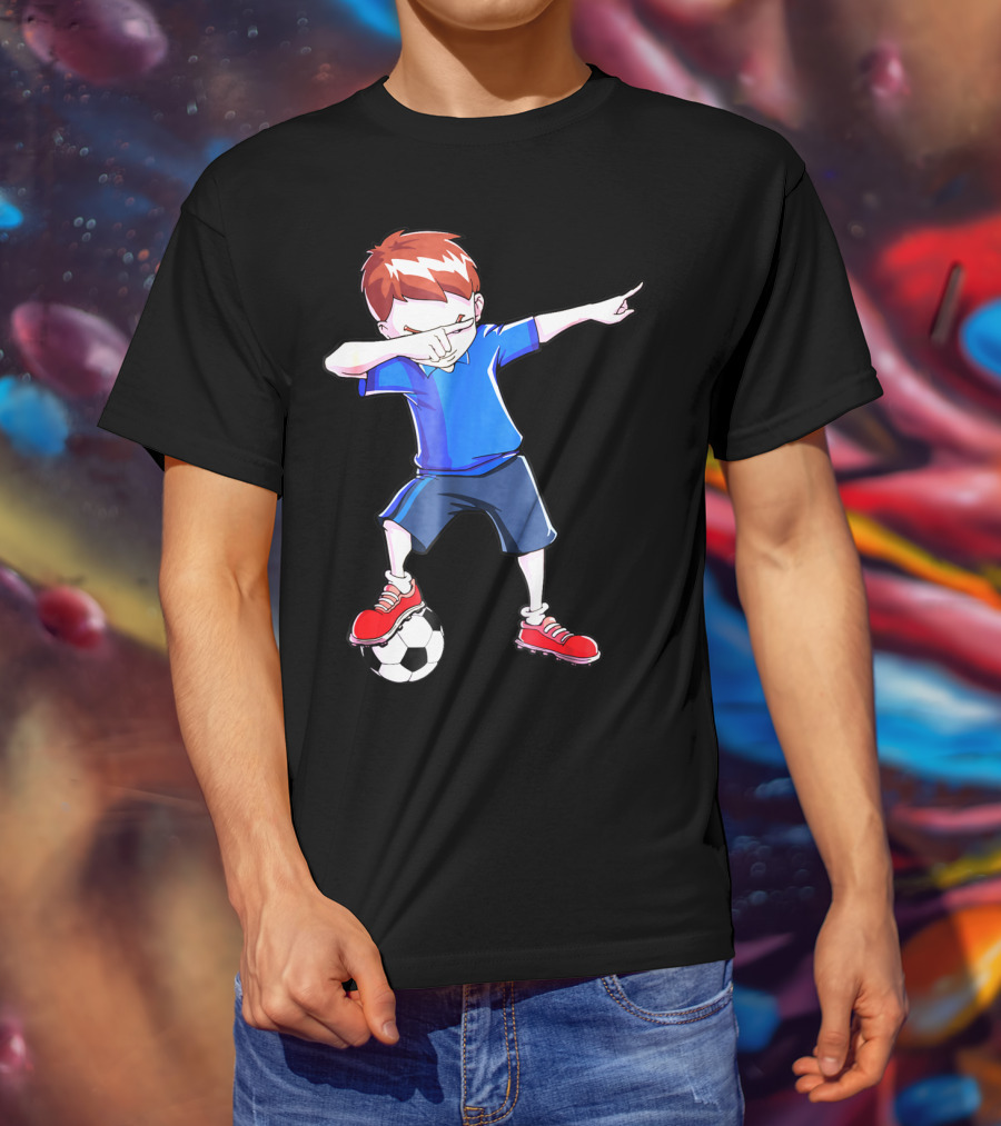 Dabbing Soccer Dab Funny Football Kid In Blue Shirt And Red Shoes T-Shirt