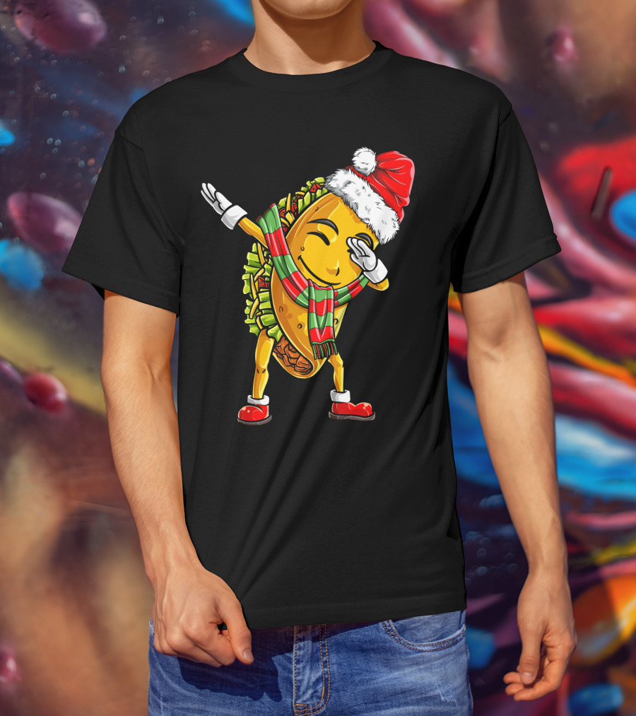 Dabbing Santa Taco With Christmas Hat And Scarf T-Shirt