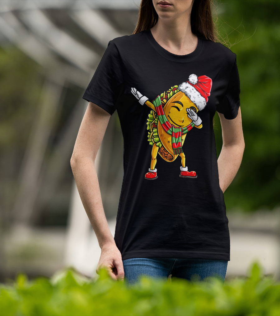 Dabbing Santa Taco With Christmas Hat And Scarf T-Shirt