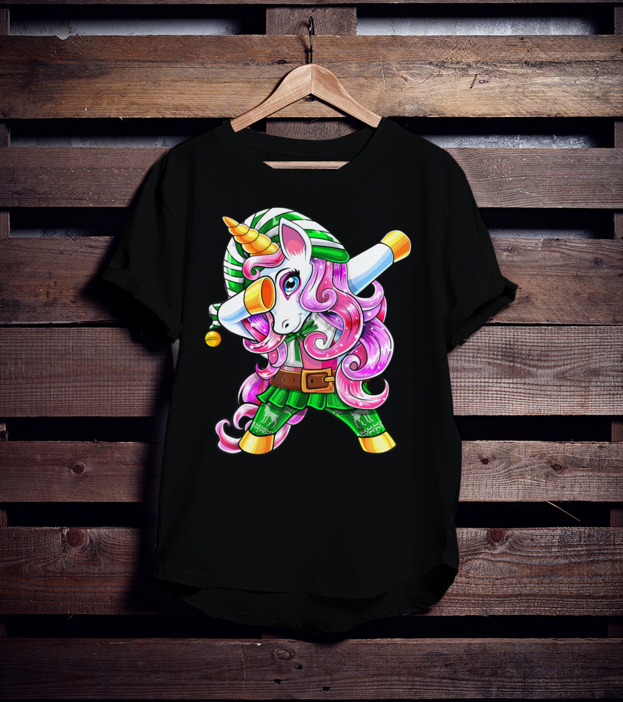 Dabbing Unicorn Christmas Elf Costume Unicorn Girls Pink Hair Green T-Shirt