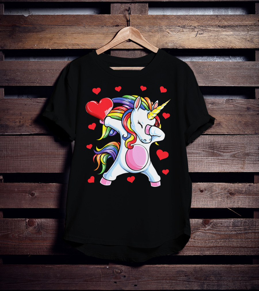 Valentines Day Dabbing Unicorn With Heart And Rainbow Mane T-Shirt