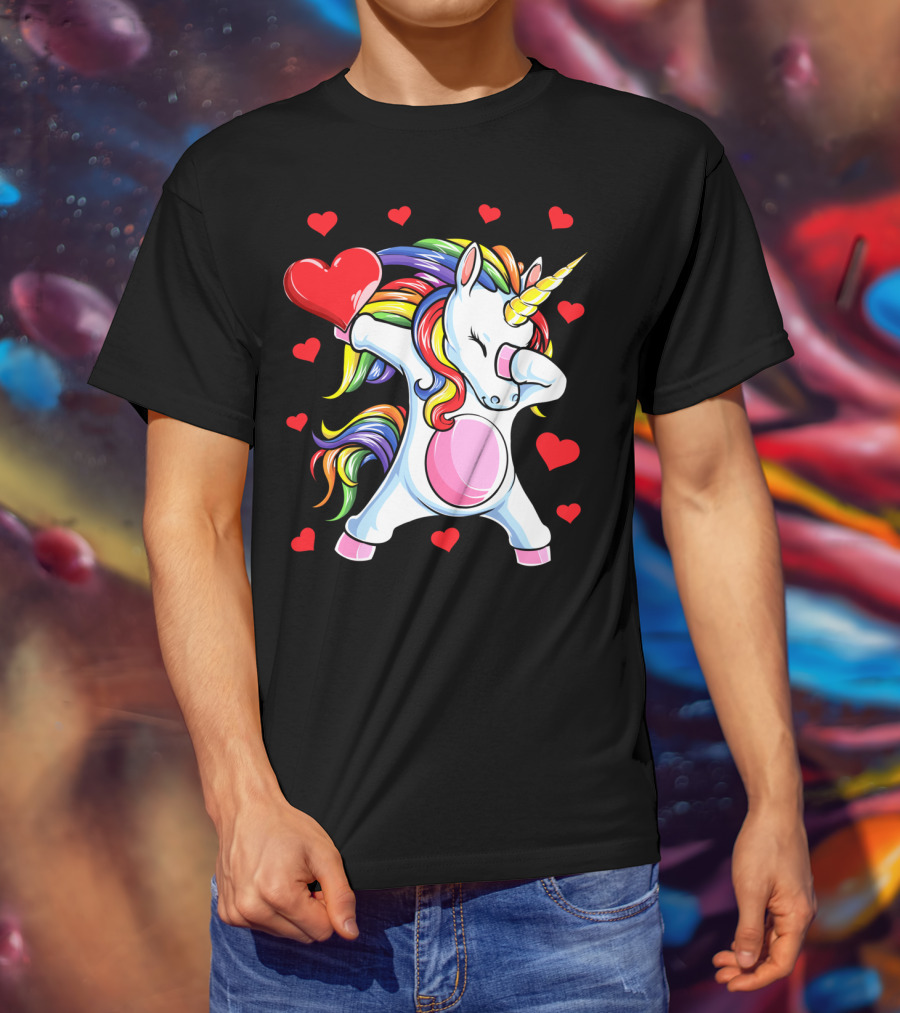 Valentines Day Dabbing Unicorn With Heart And Rainbow Mane T-Shirt