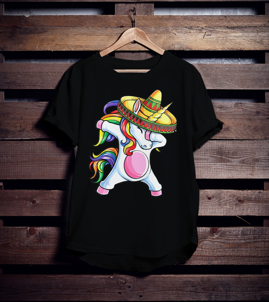 Dabbing Unicorn With Rainbow Hair And Sombrero Celebrating Cinco De Mayo T-Shirt