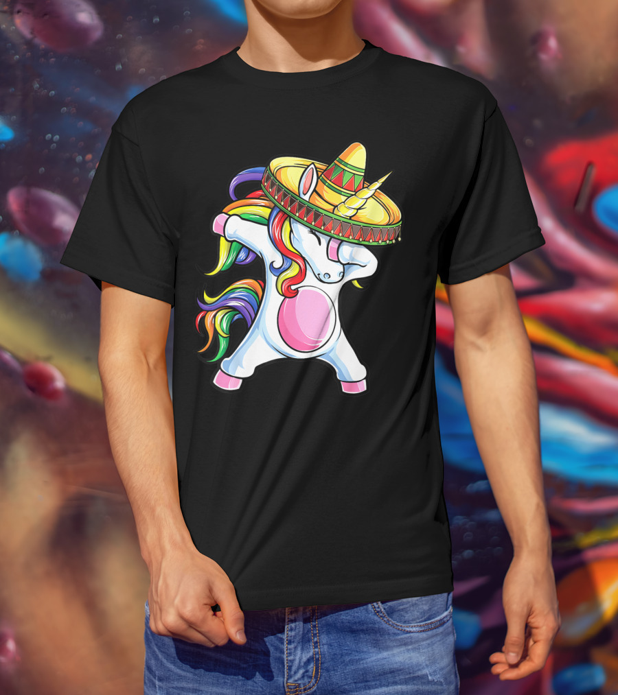 Dabbing Unicorn With Rainbow Hair And Sombrero Celebrating Cinco De Mayo T-Shirt