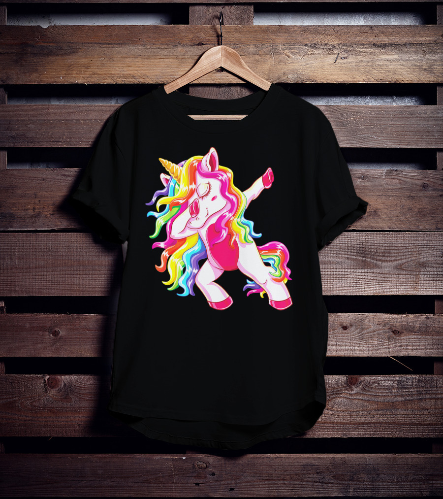 Dabbing Rainbow Unicorn With Long Hair Dab Dance T-Shirt