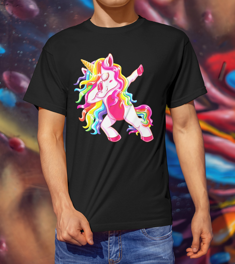 Dabbing Rainbow Unicorn With Long Hair Dab Dance T-Shirt