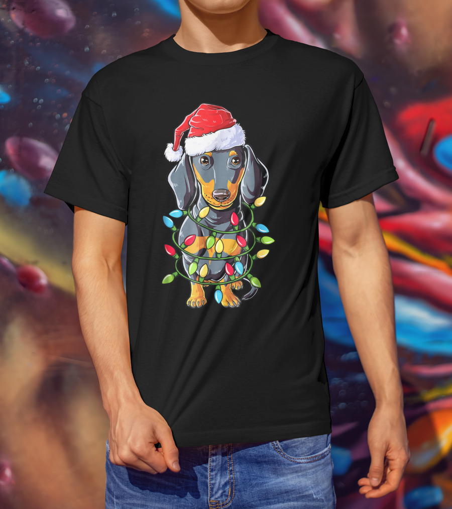 Dachshund Christmas Dog Wrapped In Santa Hat And Xmas Tree Lights T-Shirt