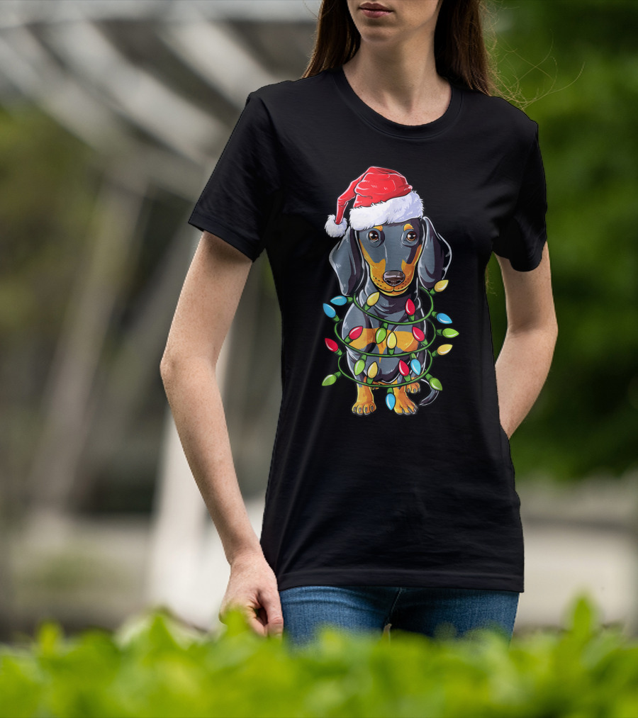 Dachshund Christmas Dog Wrapped In Santa Hat And Xmas Tree Lights T-Shirt