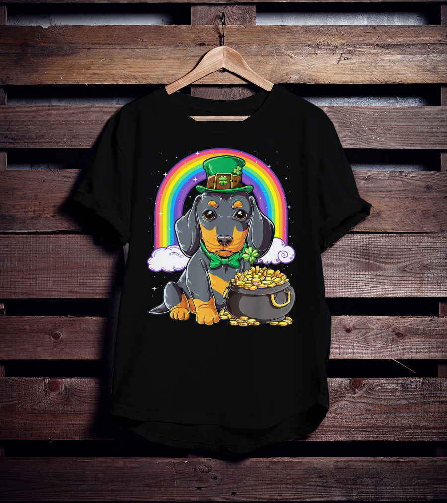 Dachshund St Patricks Day Leprechaun Rainbow Pot Of Gold T-Shirt