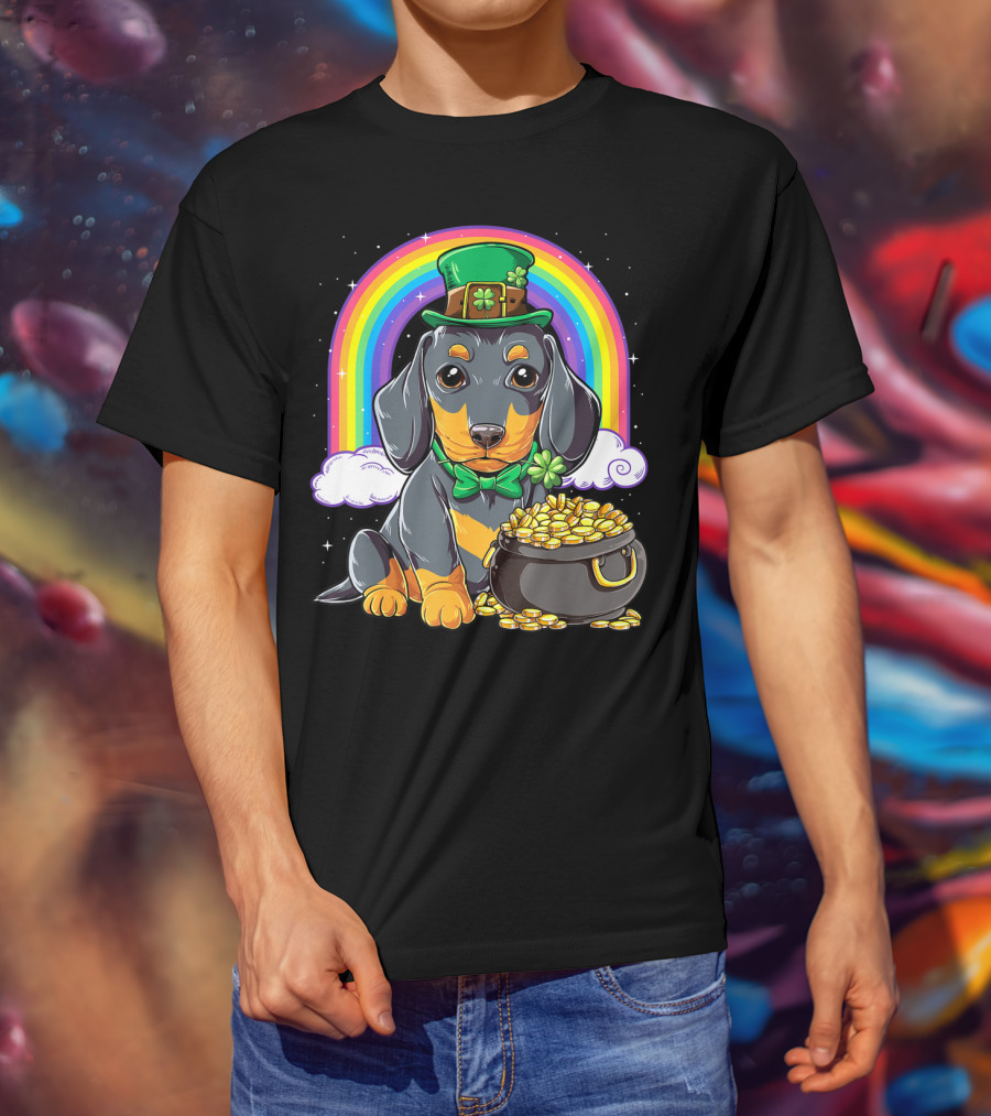 Dachshund St Patricks Day Leprechaun Rainbow Pot Of Gold T-Shirt